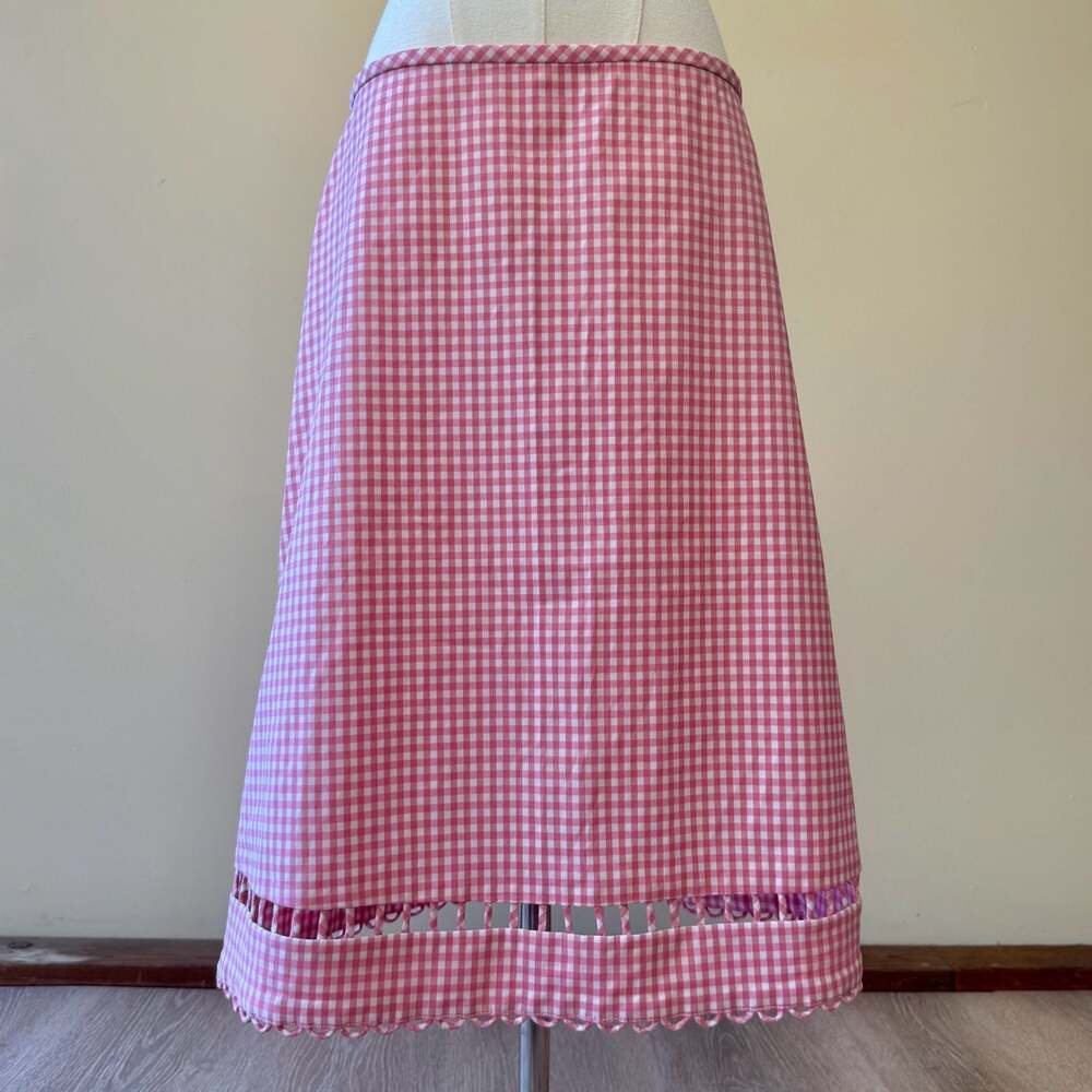 Pink Gingham Midi Skirt with Cut-Out Scalloped Hem